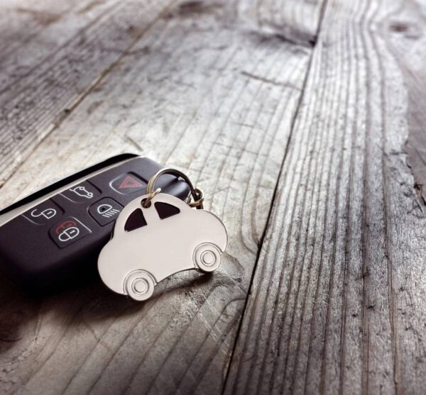 A car key chain with a remote on top of it.