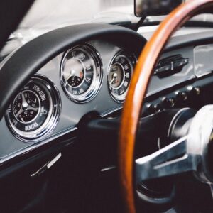 A close up of the dashboard and steering wheel